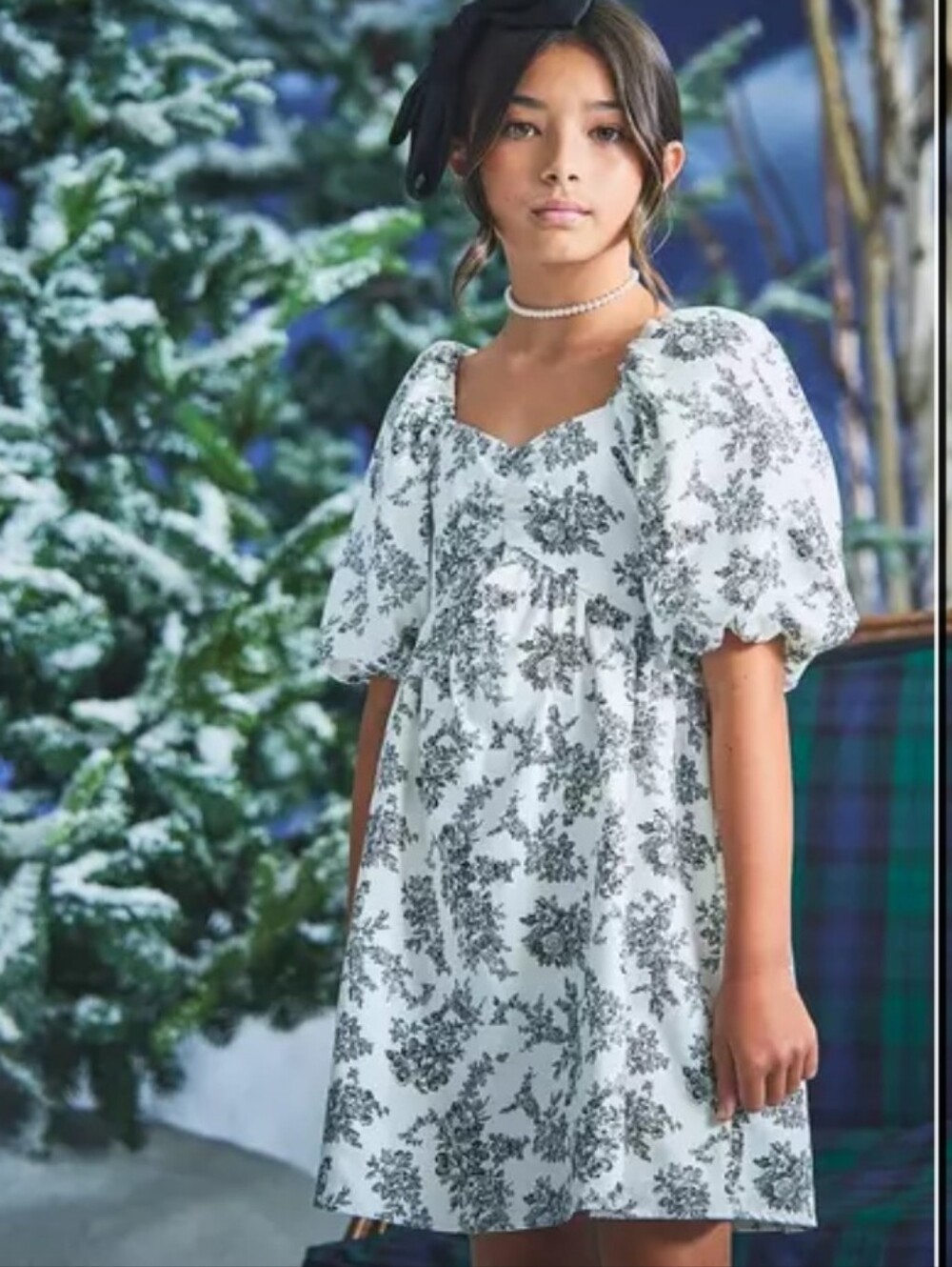 Janie And Jack Floral Toile Bubble Sleeve Cotton Dress Black & White Girls 10